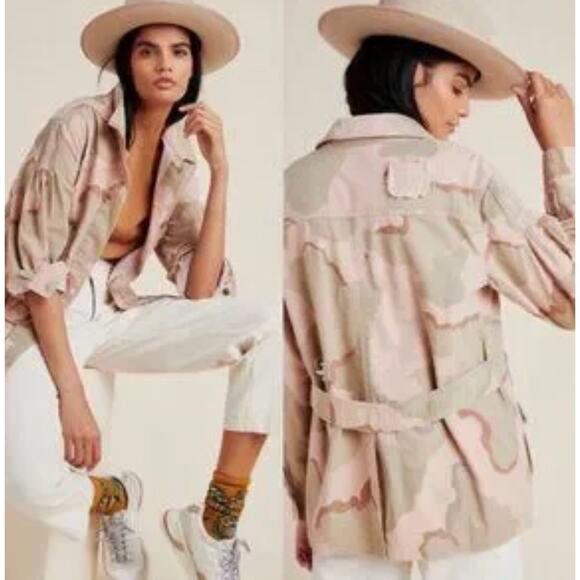 Anthropologie Lida Utility Pink Distressed Camo Canvas Jacket Size Small - Picture 1 of 13